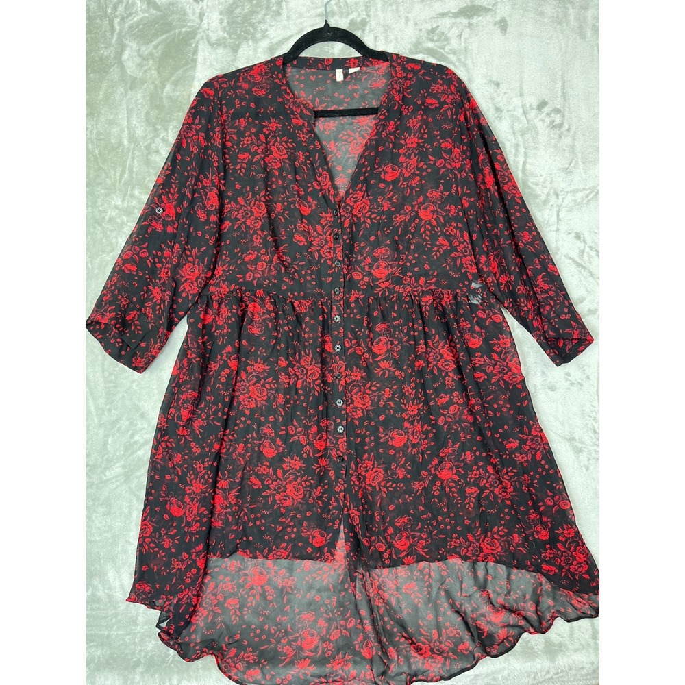 Cato Women's‎ 14/16W Sheer Red Black Button 3/4 Sleeve Asymmetrical Blouse Tunic